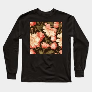 Vintage Floral Peach and Ivory Flowers on Brown Long Sleeve T-Shirt